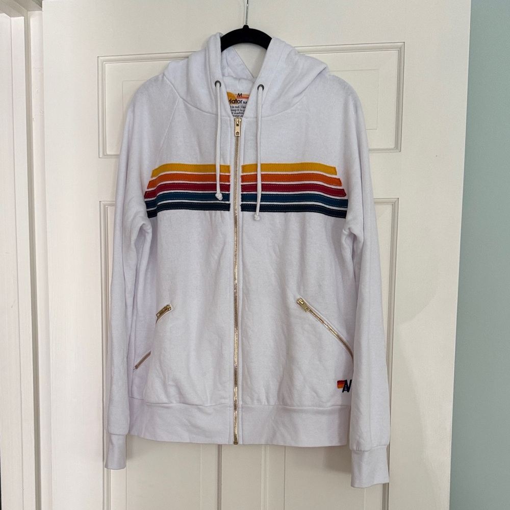 NWT Aviator Nation White Hoodie with Rainbow Stripes Med